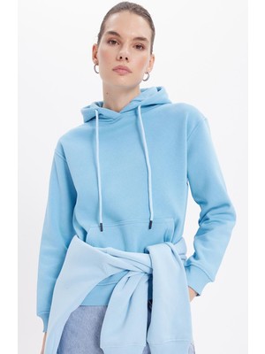 Tudors Kadın Relax Fit Rahat Kesim Pamuklu Kapüşonlu Kanguru Cepli mavi Sweatshirt