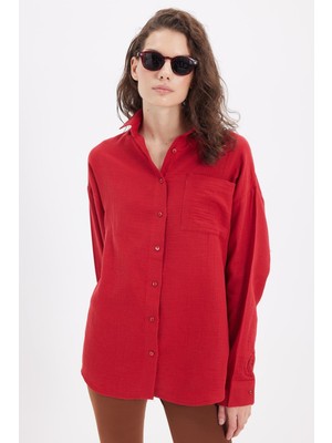 Tudors Kadın Oversize Geniş Kesim %100 Pamuk Müslin Kumaş Uzun Kollu Cepli Dokulu Bordo Gömlek
