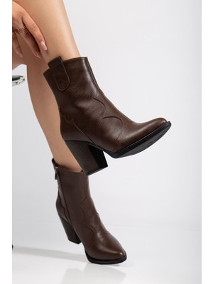 Etiler Collection 117 Kahve Kovboy Dikiş Detaylı Fermuarlı  Yüksek Topuklu Günlük Kadın Bot