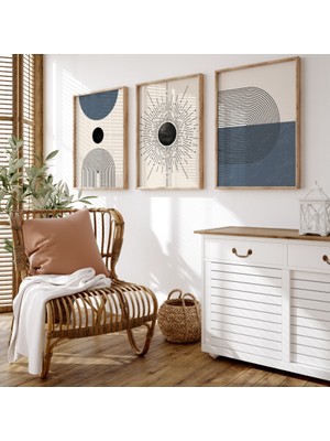 Pam Studio Güneş Desenli Mavi 3’lü Duvar Tablosu – Renk Seçenekli Modern Ahşap Çerçeveli Set