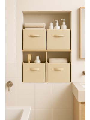 4’lü Krem Kumaş Dolap Içi Düzenleyici Kutu - 30X30X30 cm Katlanabilir Çok Amaçlı Saklama Kutusu