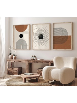 Pam Studio Kahverengi Güneş Desenli 3’lü Duvar Tablosu – Renk Seçenekli Modern Ahşap Çerçeveli Set