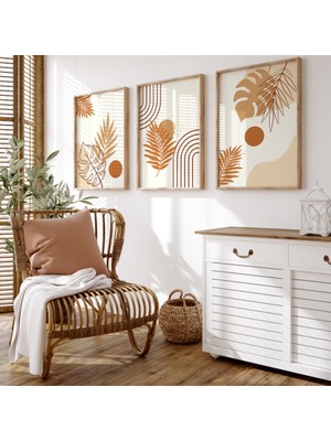 Pam Studio Tarçın Tonlarda 3’lü Yaprak Desenli Duvar Tablosu – Ahşap Çerçeveli Bohem Modern Set