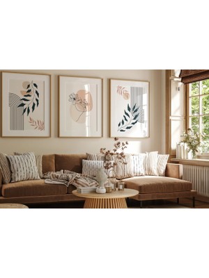 Pam Studio Modern Kadın ve Yaprak Desenli 3’lü Tablo – Ahşap Çerçeveli Minimal Poster Seti