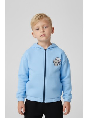 Unisex Çocuk %100 Pamuklu Kedi Nakışlı Kışlık Hırka  -Açık Mavi (3-4 Yaş 8-9 Yaş)