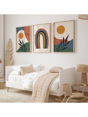 Pam Studio Bohem Tarz Güneş ve Gökkuşağı Desenli 3’lü Modern Duvar Tablosu – Ahşap Çerçeveli Set