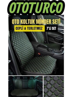 Ergonomik,ortopedik,suni Deri Kapitoneli Lüks Ototurco Oto Koltuk Kılıfı-Minderi (7li Tam Set)Siyah-Yeşil