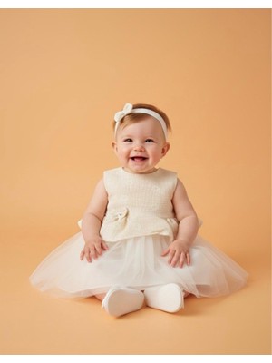 Minimony 0-24 Ay Saç Bantlı Kız Bebek Çocuk Abiye Elbise Ekru 1037