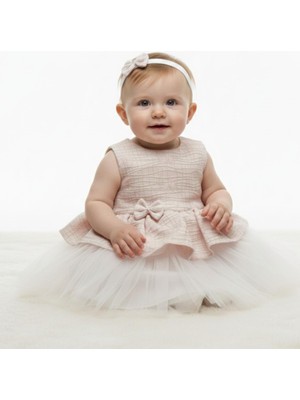 Minimony 0-24 Ay Saç Bantlı Kız Bebek Çocuk Abiye Elbise Pembe 1037