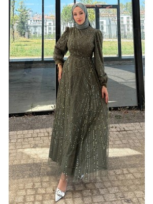 Tesettür Diyarı Prenses Model Taş Işlemeli Tesettür Abiye- Haki
