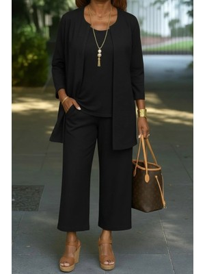 Kadın Uzun Kollu Önü Açık Modal Ceket Kolsuz Viskon Iki Iplik Bluz ve Pantolon Üçlü Takım