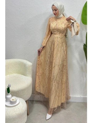 Tesettür Diyarı Prenses Model Taş Işlemeli Tesettür Abiye- Bej