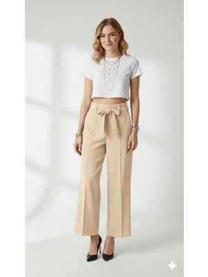 Ribana Classic Kadın Yüksek Bel Çimalı Bol Paça Cepli Beli Lastikli Bağlamalı Kumaş Pantolon