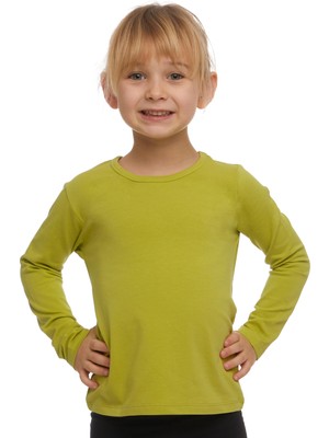 Yağ Yeşili Basic Mevsimlik Likralı Uzun Kollu Kız Çocuk Tişört