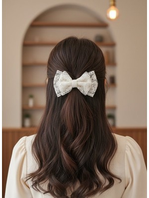 El Yapımı Romantik Dantel Fiyonk Toka, Özel Tasarım Ekru Fiyonk Dantel Toka, 23 Nisan Toka