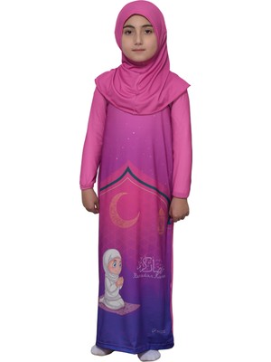 Altobeh Çocuk Namaz Takımı Pratik Tek Parça Desenli Kollu Tak Çıkar Başörtülü Likralı Tesettür Elbise (6-12 Yaş) 925-0201