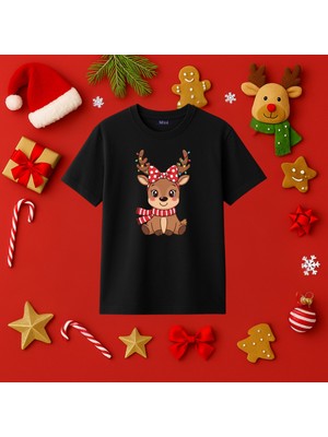 Mixxi Fashion Sevimli Ren Geyiği Baskılı Yılbaşı Yeni Yıl Konsept Kısa  Kollu Unisex Tişört (4-13 Yaş)