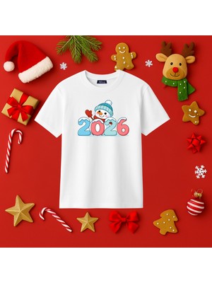 Mixxi Fashion Kardan Adam 2026 Baskılı  Yılbaşı Yeni Yıl Konsept Kısa  Kollu Unisex Tişört (4-13 Yaş)