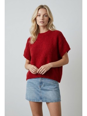 Qoolest Kadın Bordo Yumuşak Dokulu Yünlü Kısa Kollu Triko Kazak