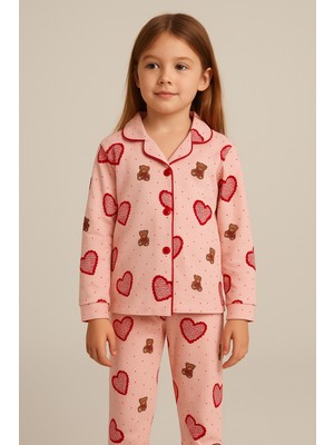 Kız Çocuk Kalpli Teddy Desenli Pijama Takımı Pembe