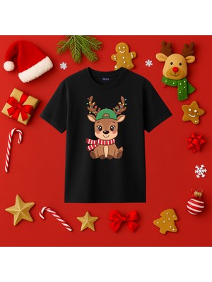 Mixxi Fashion Sevimli Ren Geyiği Baskılı Yılbaşı Yeni Yıl Konsept Kısa  Kollu Unisex Tişört (4-13 Yaş)