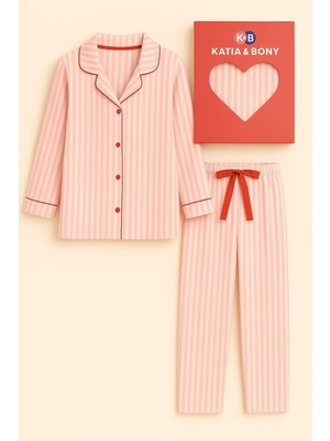 Kız Çocuk Kalpli Kutulu Çizgili Pijama Takımı Pembe