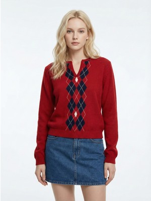 Qoolest Kadın Baklava Desenli Lacivert V Yaka Şık Triko Kazak