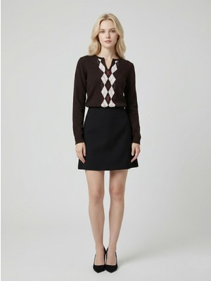 Qoolest Kadın Baklava Desenli Lacivert V Yaka Şık Triko Kazak