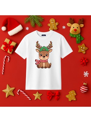 Mixxi Fashion Sevimli Ren Geyiği Baskılı Yılbaşı Yeni Yıl Konsept Kısa  Kollu Unisex Tişört (4-13 Yaş)