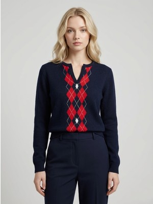 Qoolest Kadın Baklava Desenli Lacivert V Yaka Şık Triko Kazak