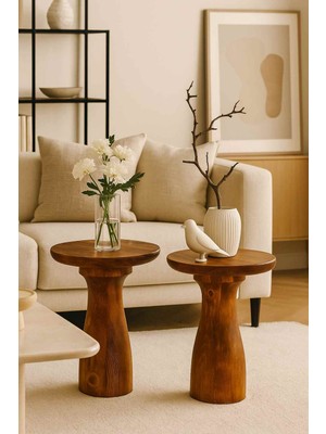 Rustik Meşe Renk Ahşap Yan Sehpa Seti 2li Masif Zigon ve Fiskos