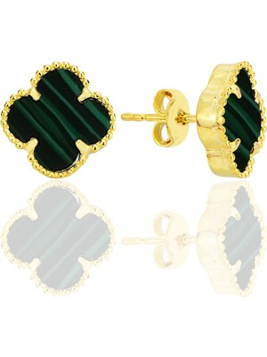 Söğütlü Silver 925 Ayar Gümüş Küpe Altın Kaplama Malakit (Malahit) Taşlı Tasarım Yonca Küpe SGTL12547YESIL