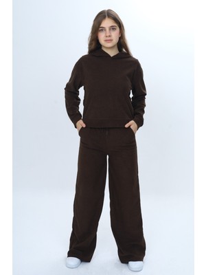 Toontoy Kız Çocuk 2'li Takım Kapüşonlu Düşük Omuz Sweatshirt Bol Paça Cepli Eşofman Altı & Kadife