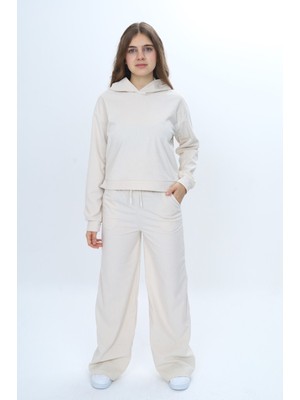 Toontoy Kız Çocuk 2'li Takım Kapüşonlu Düşük Omuz Sweatshirt Bol Paça Cepli Eşofman Altı & Kadife