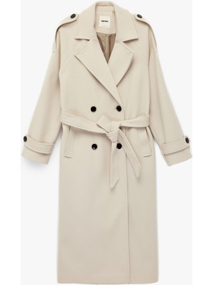 Koton Trenç Kaban Kaşe Kruvaze Düğmeli Kemerli Cepli Uzun Kollu