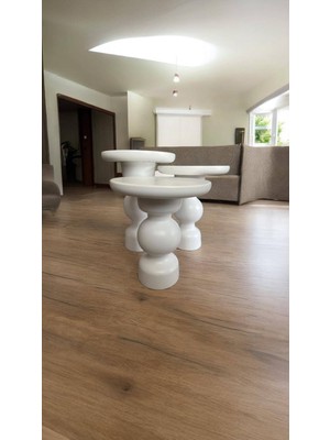 Wood Wooden Ahşap Beyaz Renk 3lü Set Fitilli Mantar Yan Sehpa Modern Fiskos / Zigon Sehpa