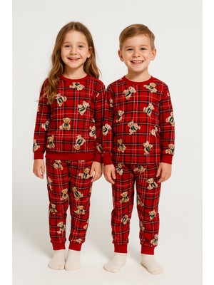 Zepkids Bisiklet Yaka Ayıcık Baskılı Kırmızı Renk Unisex Çocuk Pijama Takımı