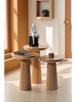 Ahşap 3lü Set Fitilli Mantar Yan Sehpawood Ahşap 3 Lü Set Mantar Yan Sehpa Konik Model / Tütün Renk / Zigon Sehpa