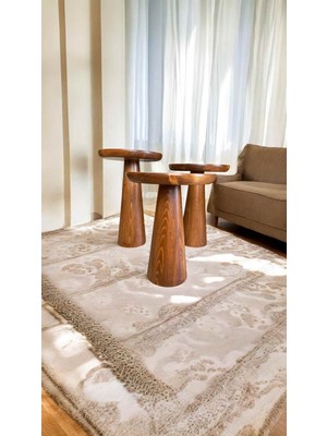 Ahşap Yan Sehpa 3lü Açık Ceviz Renk Masif Zigon ve Fiskos