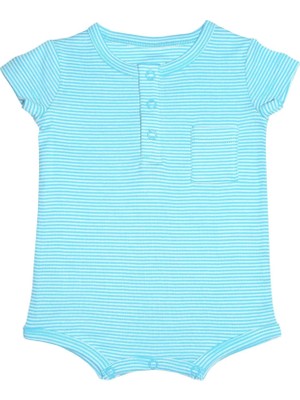 Organickid Surfer Erkek Bebek Mavi Çizgili Kısa Tulum