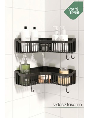 VarBiFırsat 2' Li Set Yapışkanlı Köşe Banyo Rafı Duş Şampuanlık Duvar Düzenleyici Köşelik Organizer