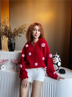 Qoolest Kadın Yünlü Saks Mavi Bisiklet Yaka 3D Papatya Kabartmalı Yumoş Dokulu Oversize Trend Triko Kazak