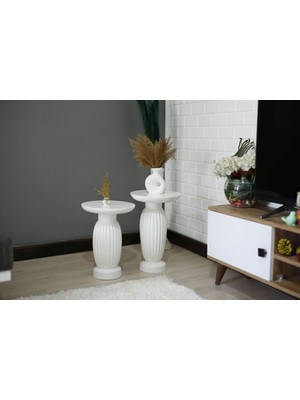 2'li Çizgili Beyaz Vazo Yan Sehpa
