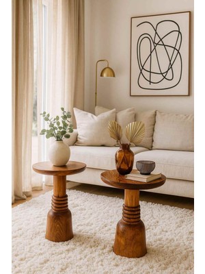 Doğal Meşe Masif 2li Yan Sehpa Ahşap Zigon ve Fiskos Takımı