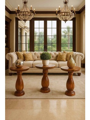 Masif Ahşap Mantar Sehpa 3lü Set Meşe Renk Modern Zigon Takımı