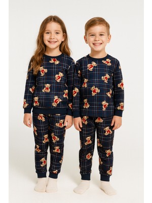 Zepkids Bisiklet Yaka Ayıcık Baskılı Lacivert Renk Unisex Çocuk Pijama Takımı