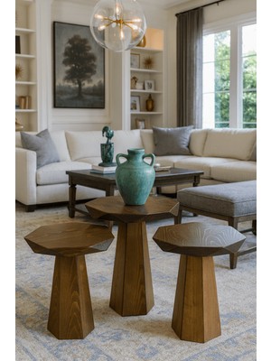 Modern Tarz Ahşap Mantar Sehpa Seti Ceviz Renk 3lü Zigon Takımı