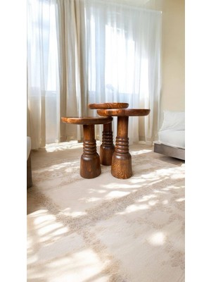 Wood Ahşap 3lü Set Fitilli Mantar Yan Sehpa Modern Fiskos / Açık Ceviz Renk / Zigon Sehpa Vernikli