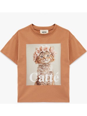 Koton Kısa Kollu Bisiklet Yaka Kedi Baskılı Pamuklu Tişört