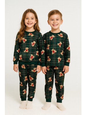 Zepkids Bisiklet Yaka Ayıcık Baskılı Yeşil Renk Unisex Çocuk Pijama Takımı